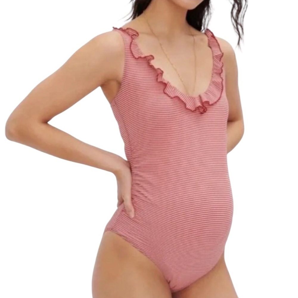 Hatch The Antigua Maillot Red Stripe Ruffle Maternity One Piece‎ Swimsuit Large